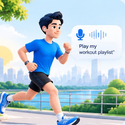 A man running in the morning with earbuds in, the assistant answering by voice