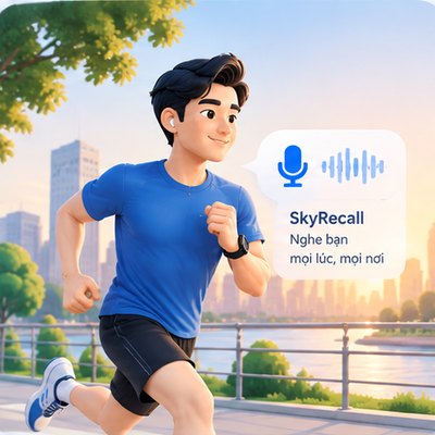 Người đàn ông chạy bộ buổi sáng, đeo tai nghe, trợ lý trả lời bằng giọng nói