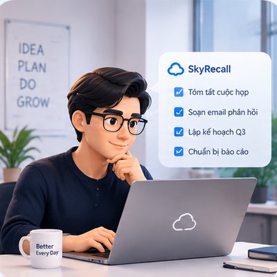 Người ngồi làm việc bên laptop, trợ lý liệt kê các việc trong ngày